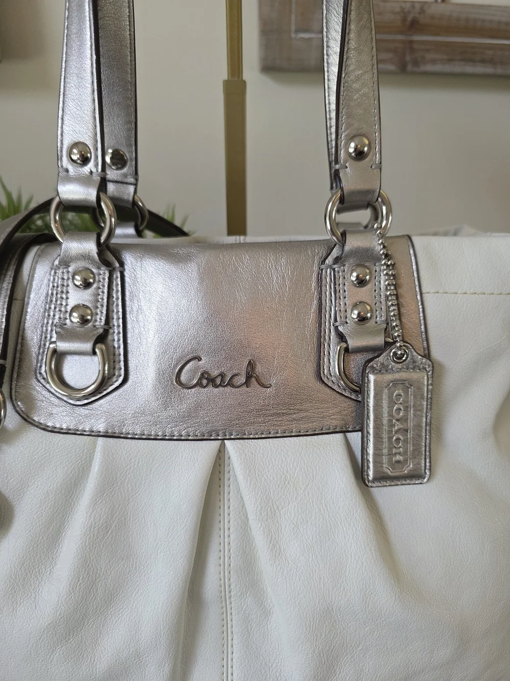 Coach White Leather Tote with Silver Accents